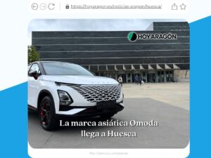 Foto del Omoda 5 y el texto: La marca asiática Omoda llega a Huesca, con el logo del medio de comunicación Hoy Aragón