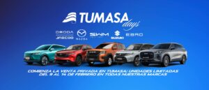 Cartel de los Tumasa Days con foto de modelos como el Omoda 7, el nuevo Mazda CX5 2026, el SWM G03F, el Ebro S900 PHEV, y el nuevo Suzuki Vitarara 2026.