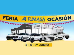Foto del cartel de la Feria Tumasa Ocasión del 5 al 7 de junio en Tumasa Huesca con las marcas Omoda, Jaecoo, Mazda, Suzuki, SWM y Ebro